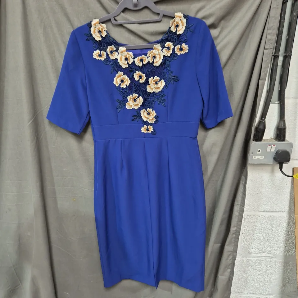 SONIA PEÑA BLUE DRESS WITH CREAM FLORAL EMBROIDERY, WOMEN'S, SIZE 40