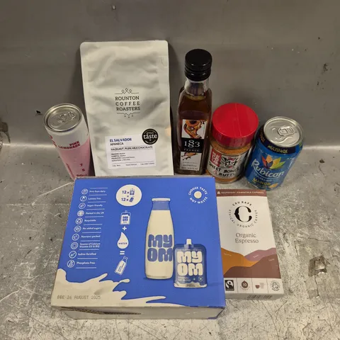 APPROXIMATELY 10 ASSORTED FOOD/DRINK PRODUCTS TO INCLUDE OAT MILK, BBQ RUB, ROUNTON COFFEE ETC