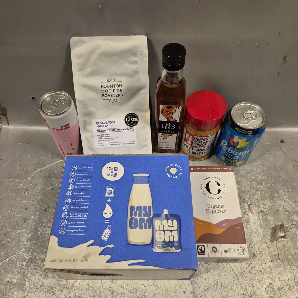 APPROXIMATELY 10 ASSORTED FOOD/DRINK PRODUCTS TO INCLUDE OAT MILK, BBQ RUB, ROUNTON COFFEE ETC 