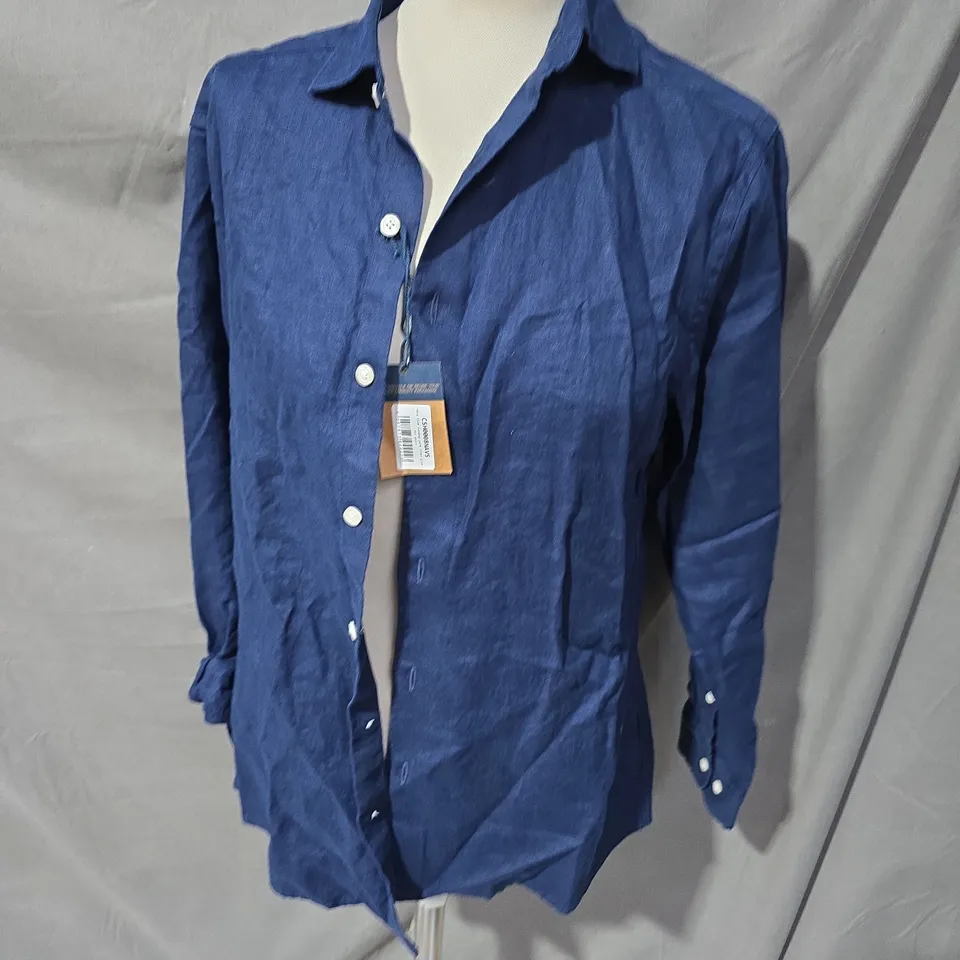 CHARLES TYRWHITT CUTAWAY PURE LINEN SLIM FIT SHIRT IN NAVY BLUE SIZE S