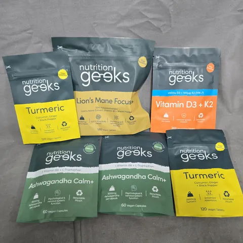 6 ASSORTED NUTRITION GEEKS PRODUCTS TO INCLUDE TURMERIC, ASHWAGANDHA CALM+, LIONS MANE FOCUS, ETC
