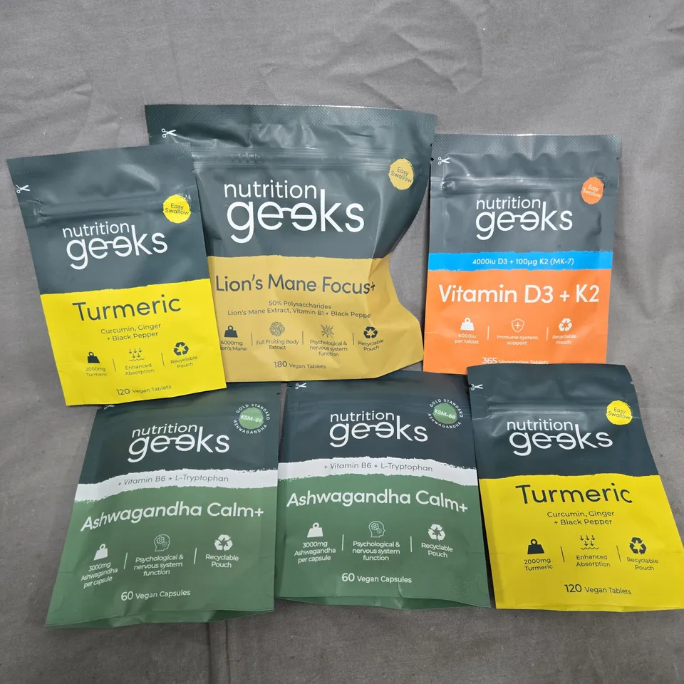6 ASSORTED NUTRITION GEEKS PRODUCTS TO INCLUDE TURMERIC, ASHWAGANDHA CALM+, LIONS MANE FOCUS, ETC