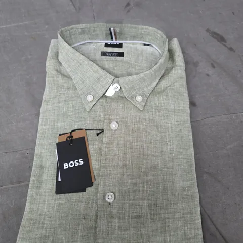 HUGO BOSS MEN'S LINEN SHIRT - LIGHT GREEN, BUTTON-DOWN COLLAR, REGULAR FIT - L