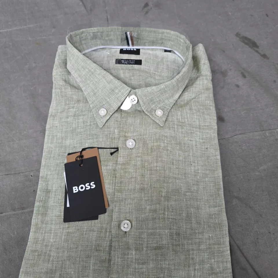 HUGO BOSS MEN'S LINEN SHIRT - LIGHT GREEN, BUTTON-DOWN COLLAR, REGULAR FIT - L