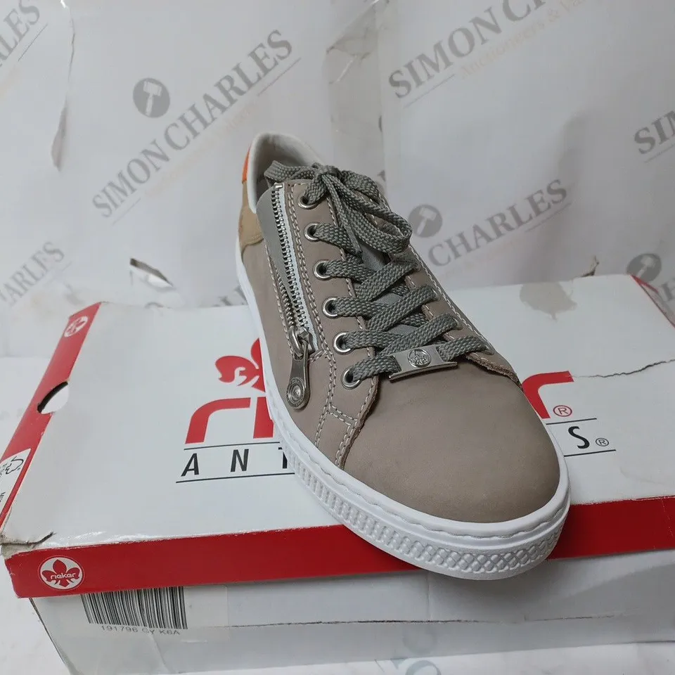 BOXED PAIR OF RIEKER SIDE ZIP TRAINER GREY SIZE 6.5