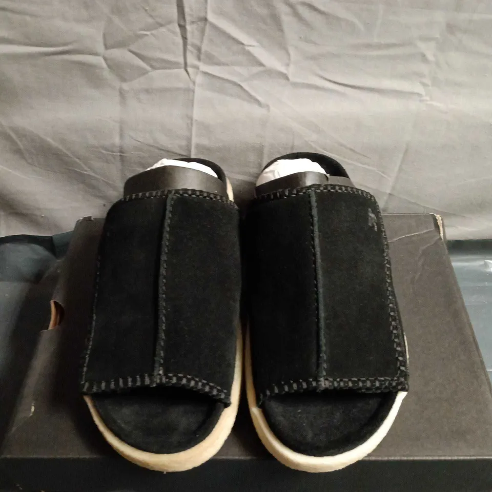 BOXED PAIR OF CLARKS BLACK SUEDE SLIDE SANDAL  - UK SIZE 6