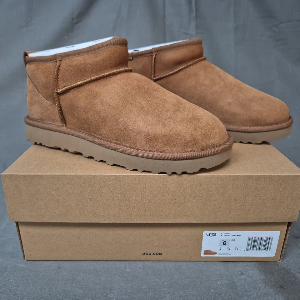 BOXED PAIR OF UGG WOMEN'S CLASSIC ULTRA MINI SHOES IN CHESTNUT UK SIZE 4