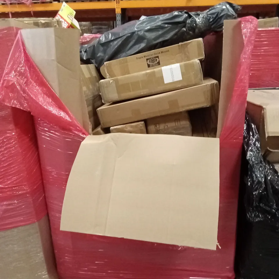 PALLET OF ASSORTED ITEMS INCLUDING: TRIPLE MONITOR DESK MOUNT, BABY PLAYPEN, BABY WALKER, BOXED FURNITURE ETC 
