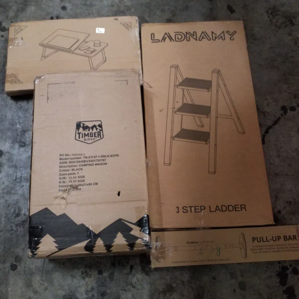 PALLET OF ASSORTED PRODUCTS INCLUDING LAPTOP DESK, 3 STEP LADDER, CAMPING WAGON, PULL-UP BAR