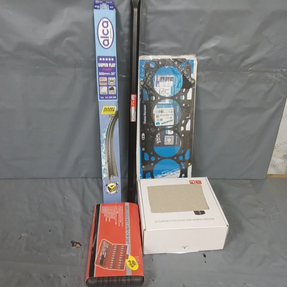 APPROXIMATELY 15 ASSORTED VEHICLE PARTS & ACCESSORIES TO INCLUDE SOCKET WRENCH SET, POLISHING AND WAXING MACHINE, GASKET CYLINDER HEAD, ETC - COLLECTION ONLY