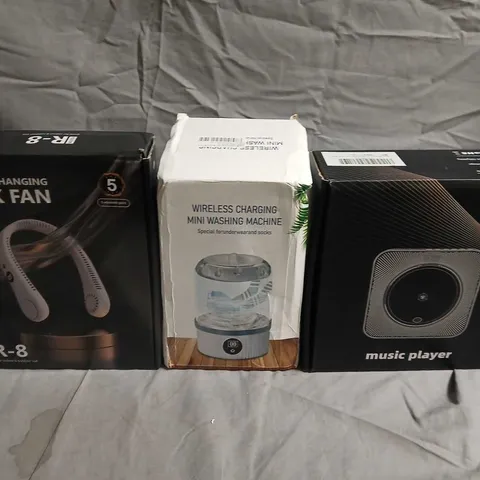 BOX OF APPROX 10 ASSORTED ELECTRICAL ITEMS TO INCLUDE VANELESS HANGING NECK FAN – MODEL R-8; WIRELESS CHARGING MINI WASHING MACHINE; MUSIC PLAYER 