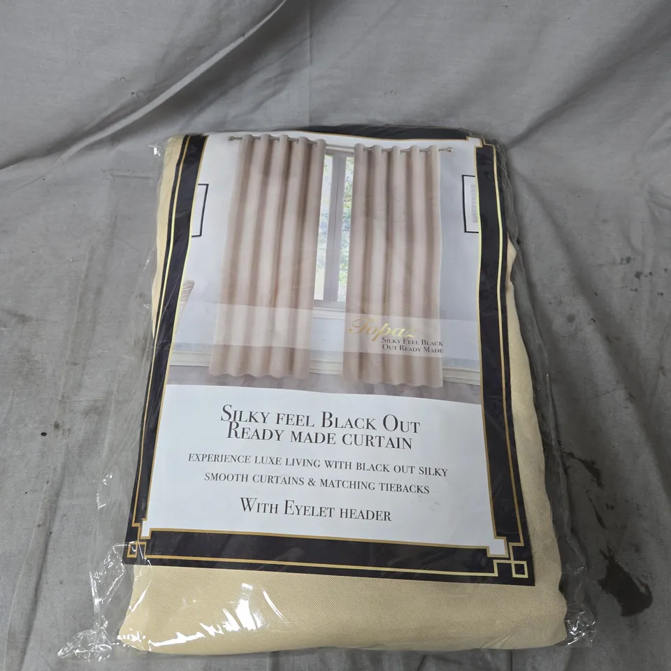 TOPAZ HOME EYELET CURTAINS IN BEIGE – SILKY FEEL BLACKOUT, 66" X 54" (APPROX 167 CM X 137 CM) – ONE PAIR