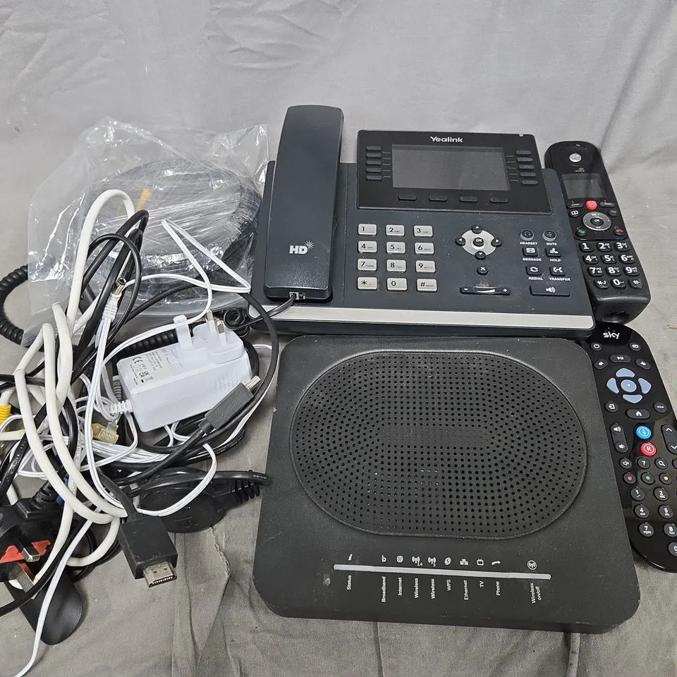 APPROX 10 ASSORTED HOUSEHOLD ITES TO INCLUDE YEALINK PHONE, LANDLINE PHONE AND SKY REMOTE