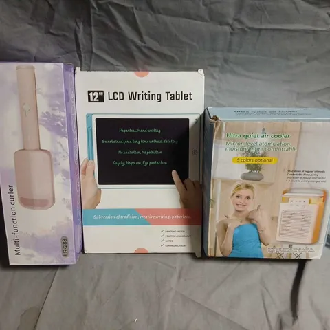 BOXED OF APPROX 10 ASSORTED ELECTRICAL ITEMS TO INCLUDE 12" LCD WRITING TABLET, BOXED WITH AN ULTRA QUIET AIR COOLER & MULTI-FUNCTION CURLER