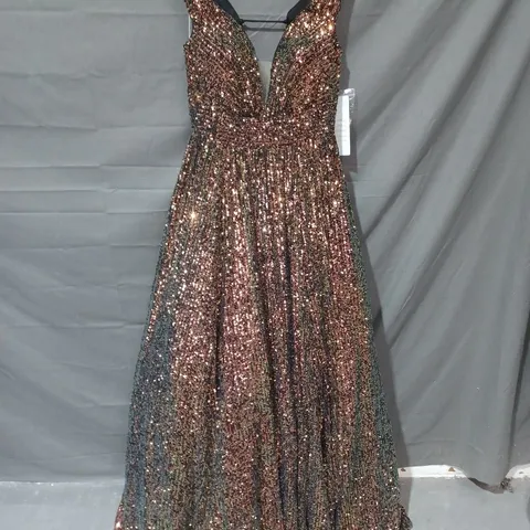 TIFFANY DESIGN SEQUIN MESH BACK TIE DRESS IN GOLD COLOUR - SIZE 6