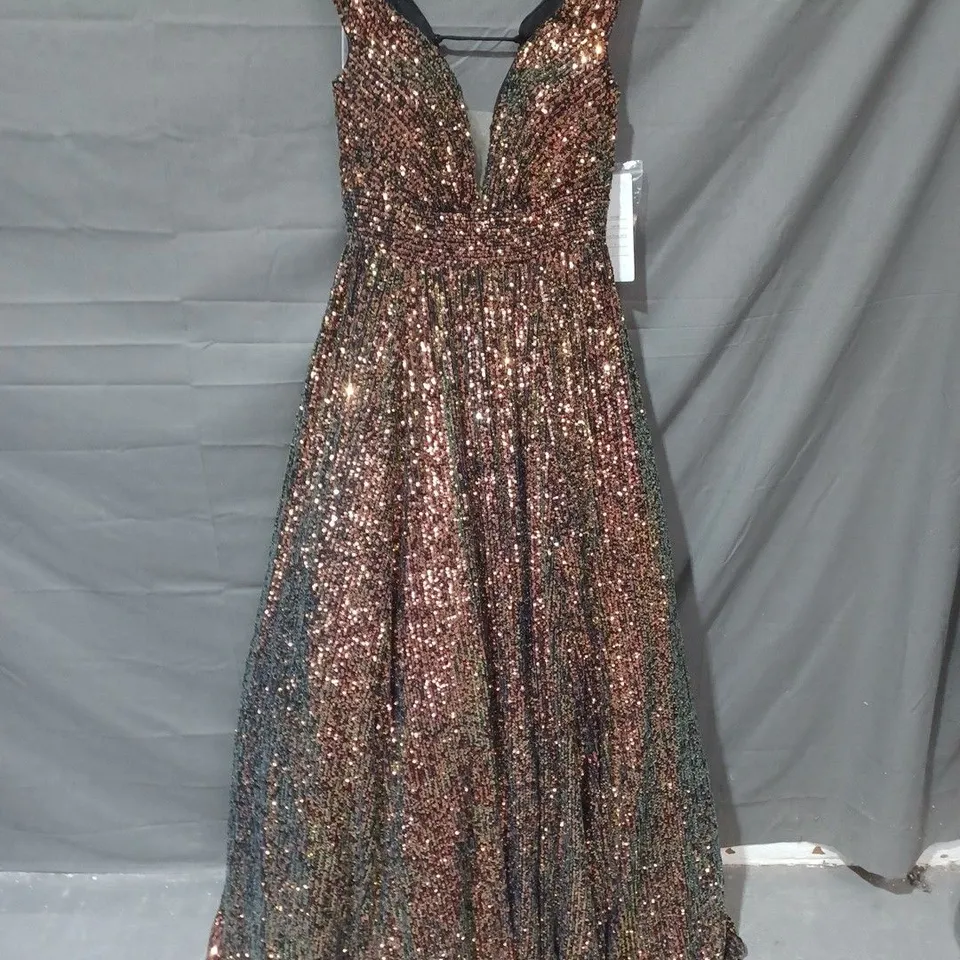 TIFFANY DESIGN SEQUIN MESH BACK TIE DRESS IN GOLD COLOUR - SIZE 6
