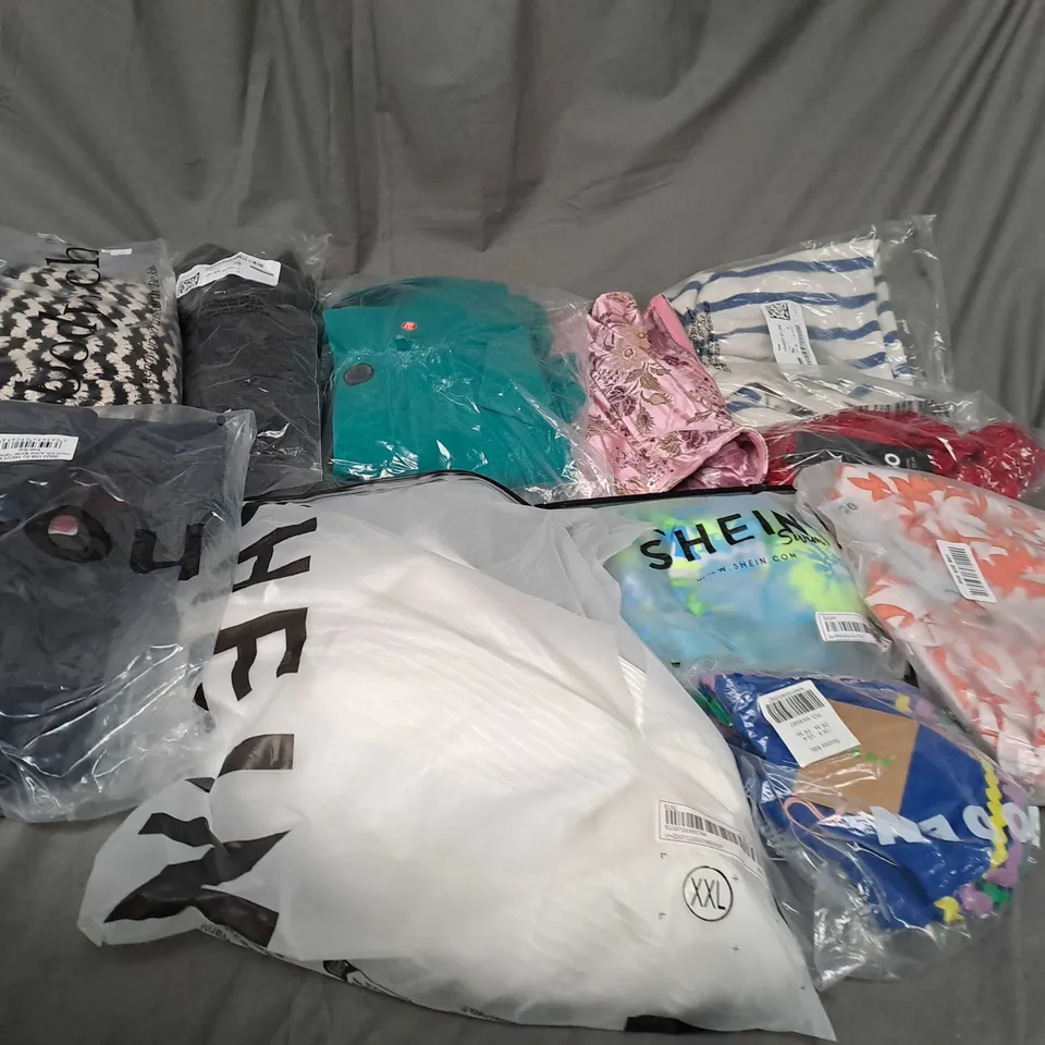 BOX OF ASSORTED CLOTHING ITEMS IN VARIOUS COLOURS, SIZES AND STYLES