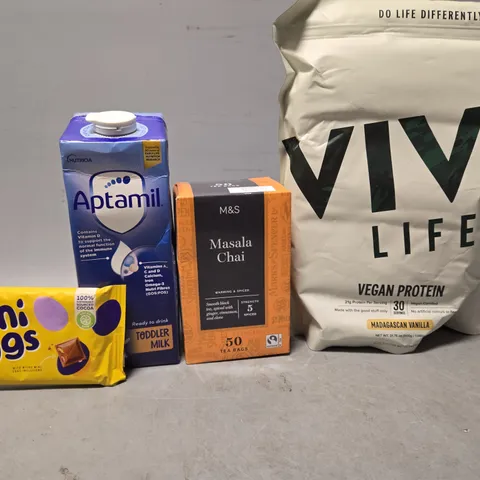 TOTE OF APPROXIMATELY 8 ASSORTED FOOD ITEMS TO INCLUDE - MINI EGGS , VIVO LIFE VEGAN PROTEIN , APTAMIL MILK ETC