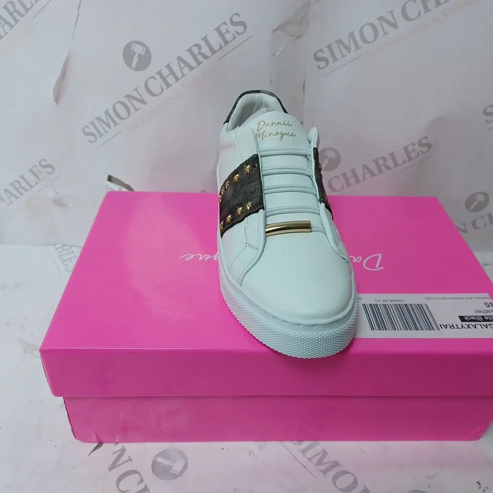 BOXED PAIR OF DANNII MINOGUE GALAXY TRAINERS IN WHITE W. STUDS SIZE 2