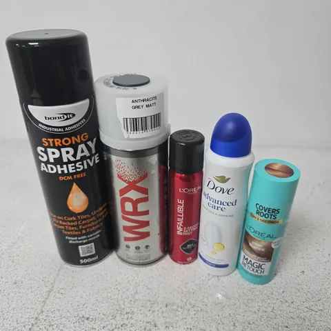 APPROXIMATELY 12 ASSORTED AEROSOLS TO INCLUDE BONDIT STRONG SPRAY ADHESIVE, WTX SPRAY PAINT, DOVE ADVANCED CARE, ETC - COLLECTION ONLY