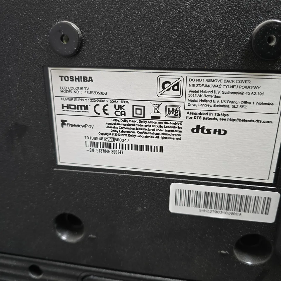 TOSHIBA 43IN LCD COLOUR TV – MODEL 43UF3D53DB