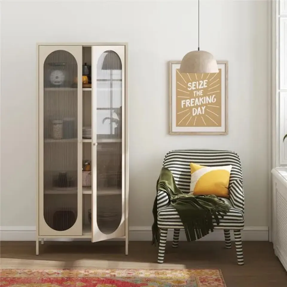 BOXED LUNA TALL METAL STORAGE CABINET WITH 2 FLUTED GLASS DOORS IN PARCHMENT (1 BOX)