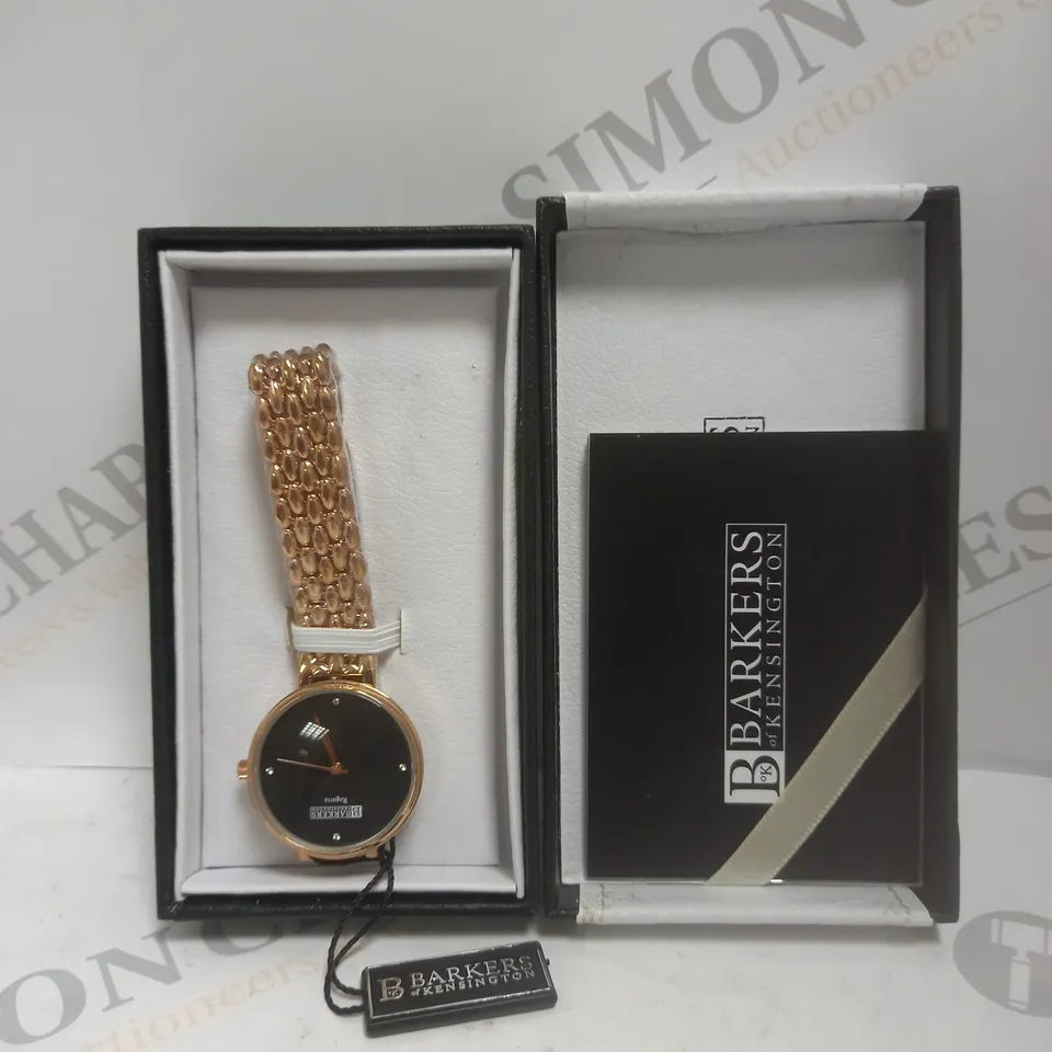 BOXED BARKERS OF KENSINGTON REGATTA BLACK DIAL STEEL STRAP WATCH 