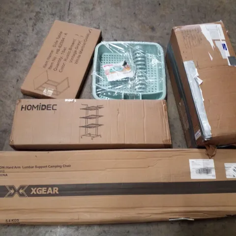 PALLET CONTAINING ASSORTED PRODUCTS INCLUDING SIDE TABLE, DISH DRAINER, CLOTHES AIRER, EGG CARTON FOAM PET MAT & LUMBAR SUPPORT CAMPING CHAIR