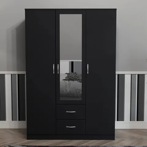 BOXED MAYBERY 3 DOOR 2 DRAWER MIRRORED WARDROBE, WITH SHELF & HANGING RAIL - BLACK (3 BOXES)