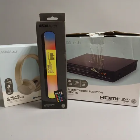 APPROXIMATELY 20 ASSORTED TECH PRODUCTS TO INCLUDE DVD PLAYER, LIGHT BAR, WIRELESS HEADPHONES