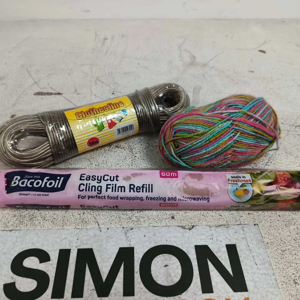 APPROXIMATELY 15 ASSORTED HOUSEHOLD PRODUCTS TO INCLUDE CLING FILM, YARN, CLOTHESLINE ETC