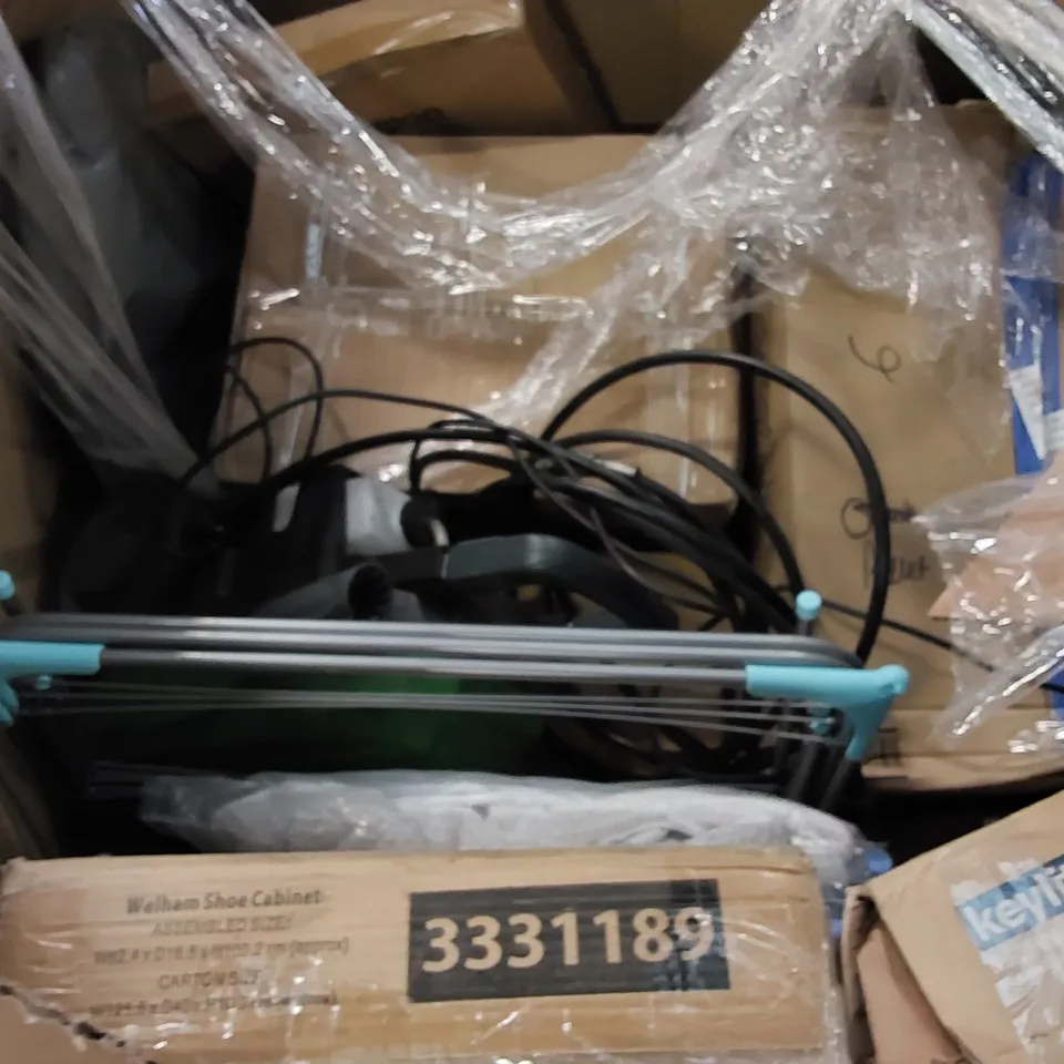 PALLET TO CONTAIN ASSORTED ITEMS INCLUDING SHOE CABINET, SPRAYER, RADIATOR, BOXED FURNITURE ETC
