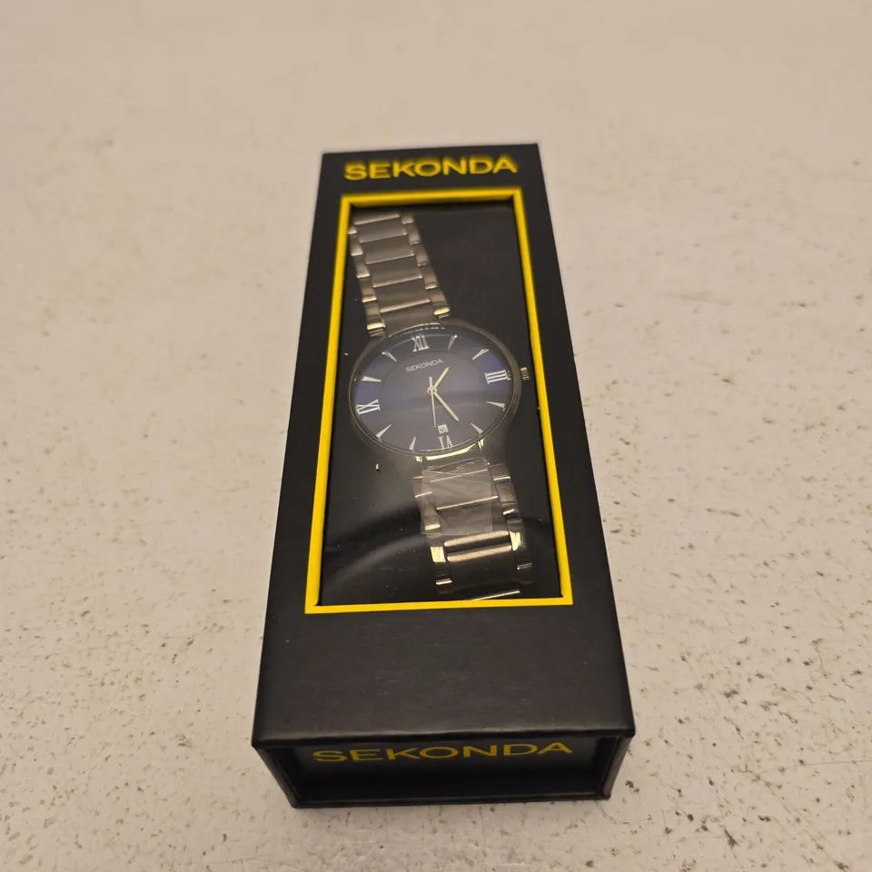 SEKONDA STAINLESS STEEL WATCH WITH BLUE DIAL, BOXED