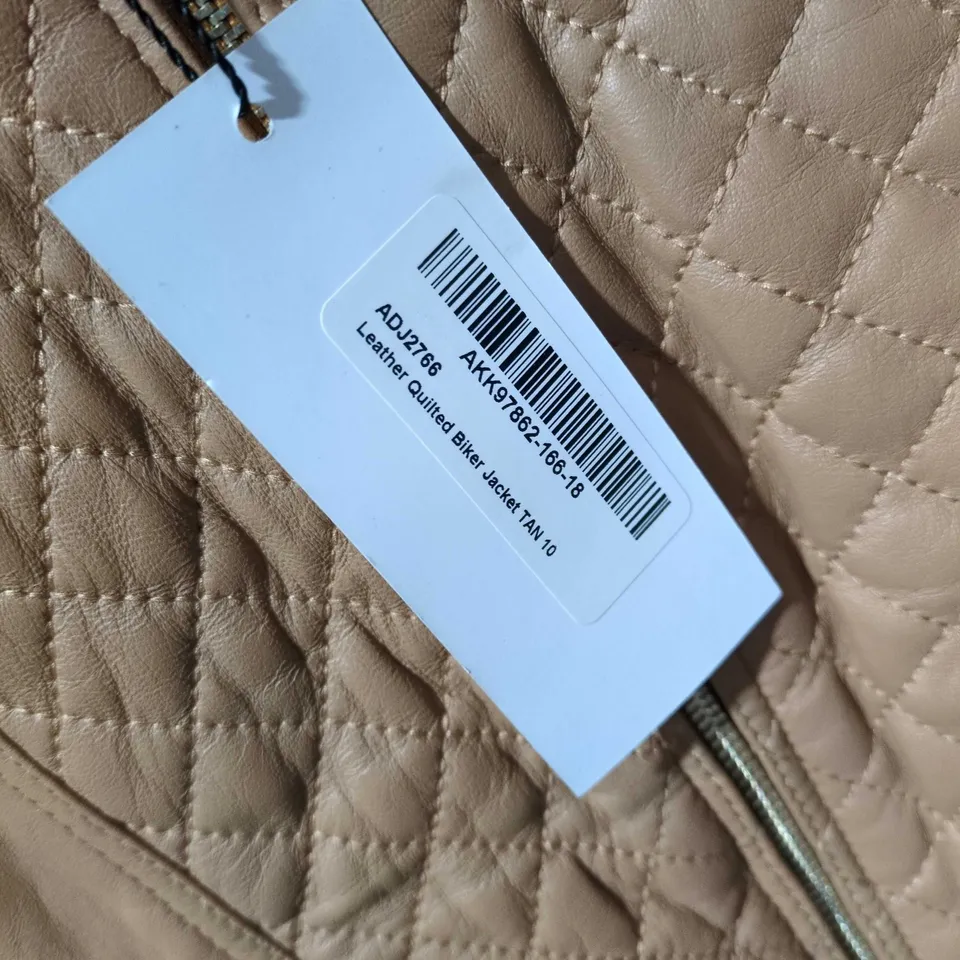 KAREN MILLEN LEATHER QUILTED BIKER JACKET IN TAN - UK 10