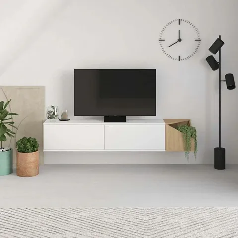 BOXED AULOS MODERN FLOATING TV STAND MULTIMEDIA CENTRE WITH STORAGE - WHITE/SAPPHIRE OAK (2 BOXES)