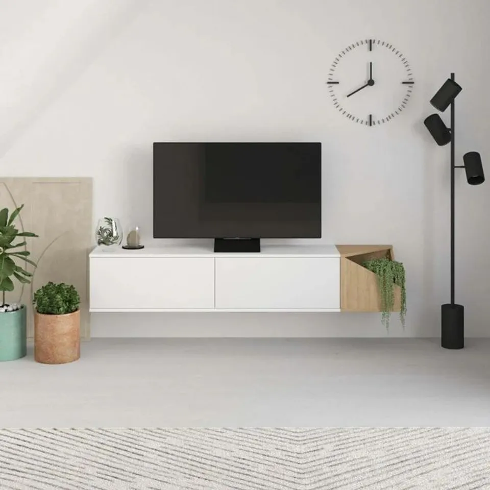BOXED AULOS MODERN FLOATING TV STAND MULTIMEDIA CENTRE WITH STORAGE - WHITE/SAPPHIRE OAK (2 BOXES)