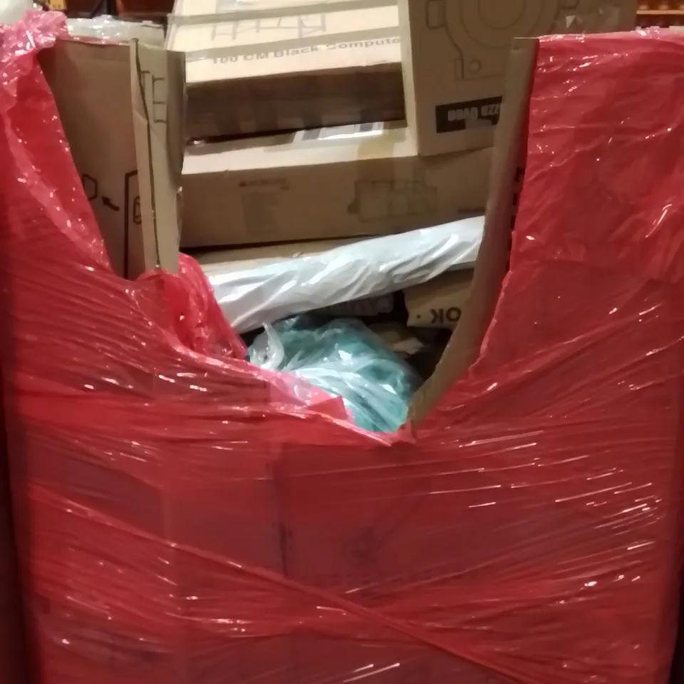 PALLET CONTAINING VARIOUS ASSORTED BOXED HOUSEHOLD ITEMS TO INCLUDE: MULTI SPORTS PLAYPEN, CAMPING COT, COMPUTER DESK, PIZZA OVEN AND LOTS MORE UNMARKED BOXED ITEMS 