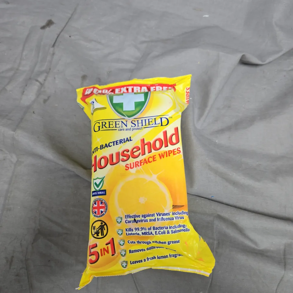 LOT OF APPROXIMATELY 9 PACKS OF GREEN SHIELD ANTI-BACTERIAL SURFACE WIPES - 70 WIPES PER PACK