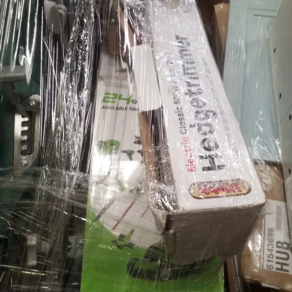 PALLET CONTAINING ASSORTED GARDEN EQUIPMENT INCLUDING ELECTRIC ROTARY LAWNMOWERS & HEDGETRIMERS