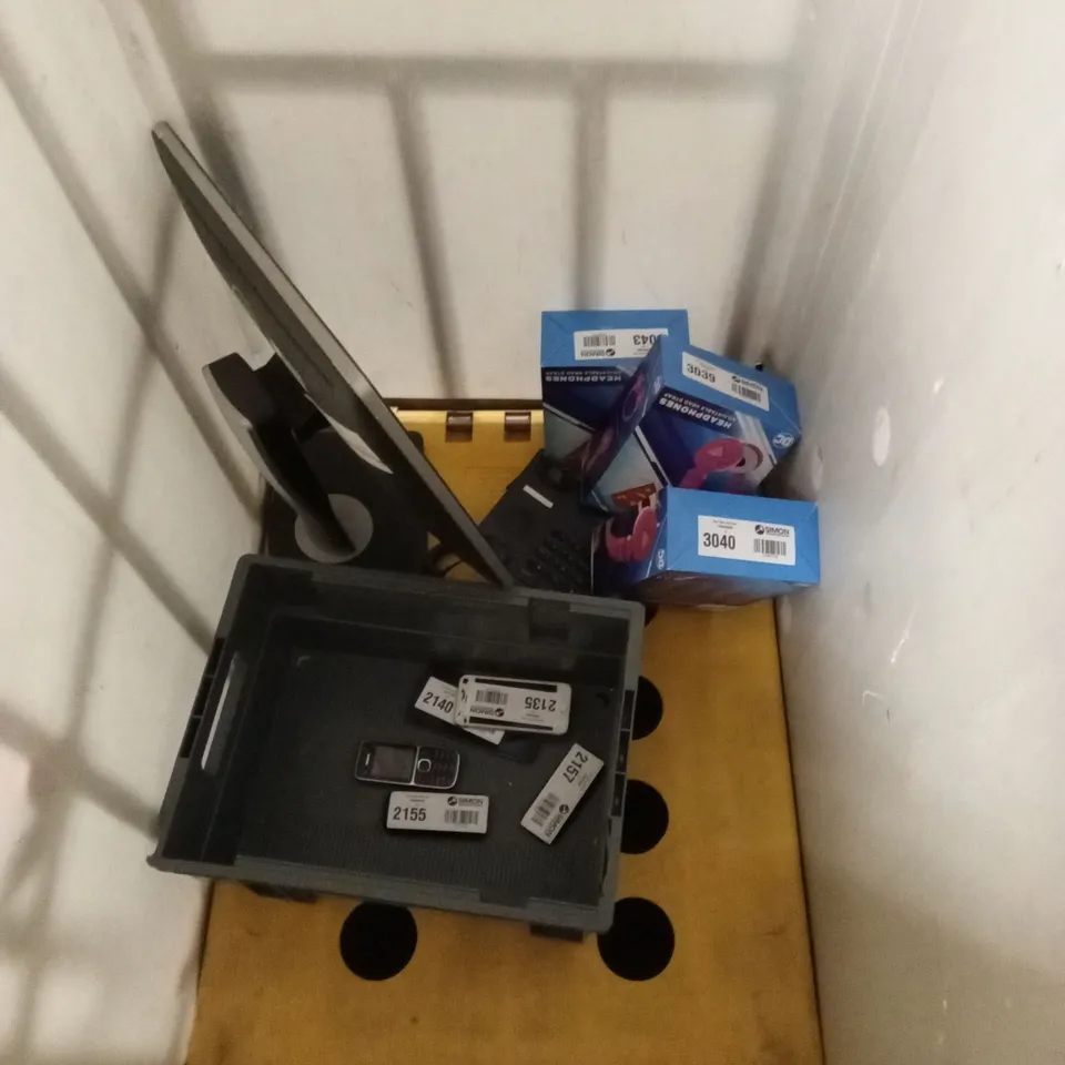 CAGE OF ASSORTED PRODUCTS TOO INCLUDE IPHONES , TELEPHONE UNITS , SUPERGIRL HEADPHONES , ETC 