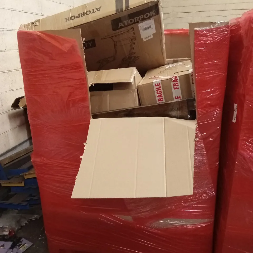 PALLET OF ASSORTED HOUSEHOLD GOODS AND PRODUCTS TO INCLUDE; GARDEN CHAIR, OFFICE CHAIR, PRAM, BABY PLAYPEN ETC