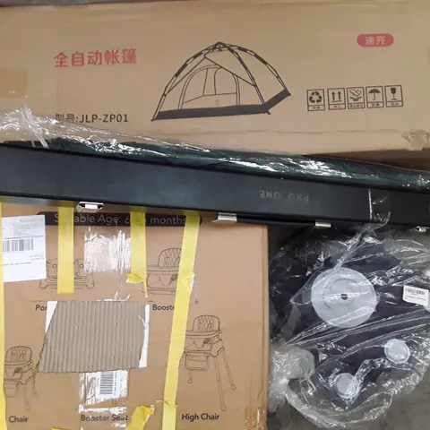 PALLET TO CONTAIN AN ASSORTMENT OF HOUSEHOLD ITEMS TO INCLUDE TENTS, CAT SCRATCHER, POOL CUES AND BABY HIGH CHAIR ECT