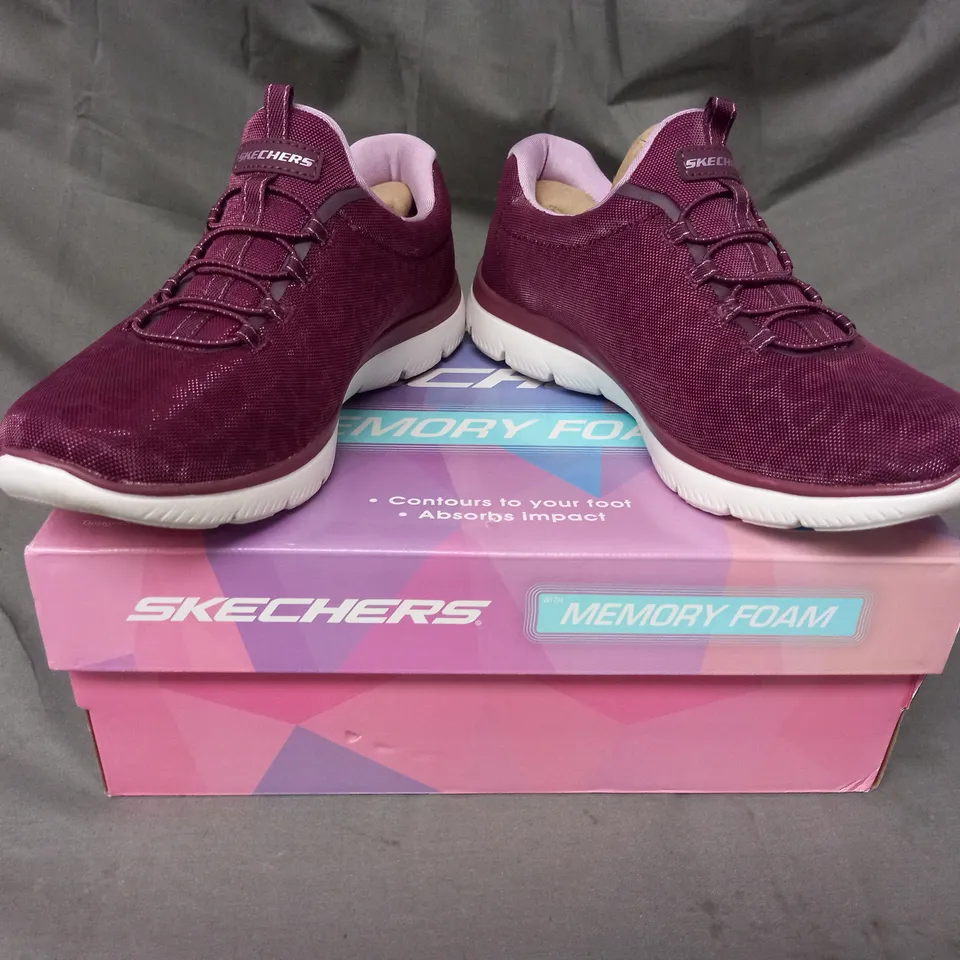 BOXED PAIR OF SKECHERS TRAINERS IN PLUM SIZE 6.5