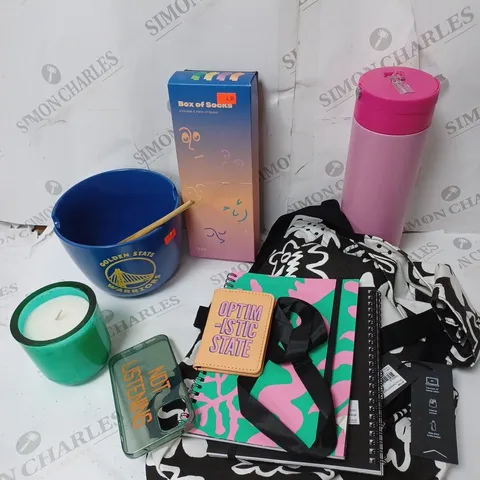 APPROXIMATELY 9 COTTON ON ITEMS INCLUDING LARGE WATER BOTTLE AND FOOD BOWL, BOX OF SOCKS, CANDLES