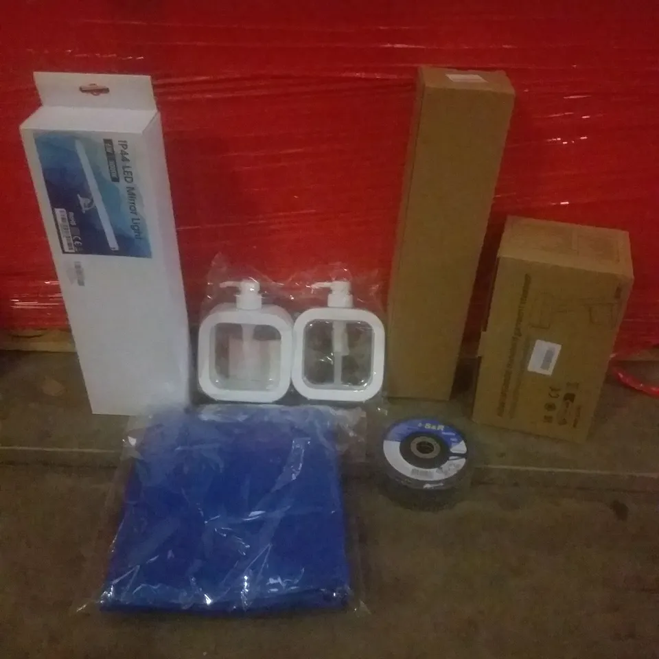 PALLET OF ASSORTED ITEMS INCLUDING HANDHELD GARMENT STEAMER, LED MIRROR LIGHT, TARP, SOAP DISPENSERS