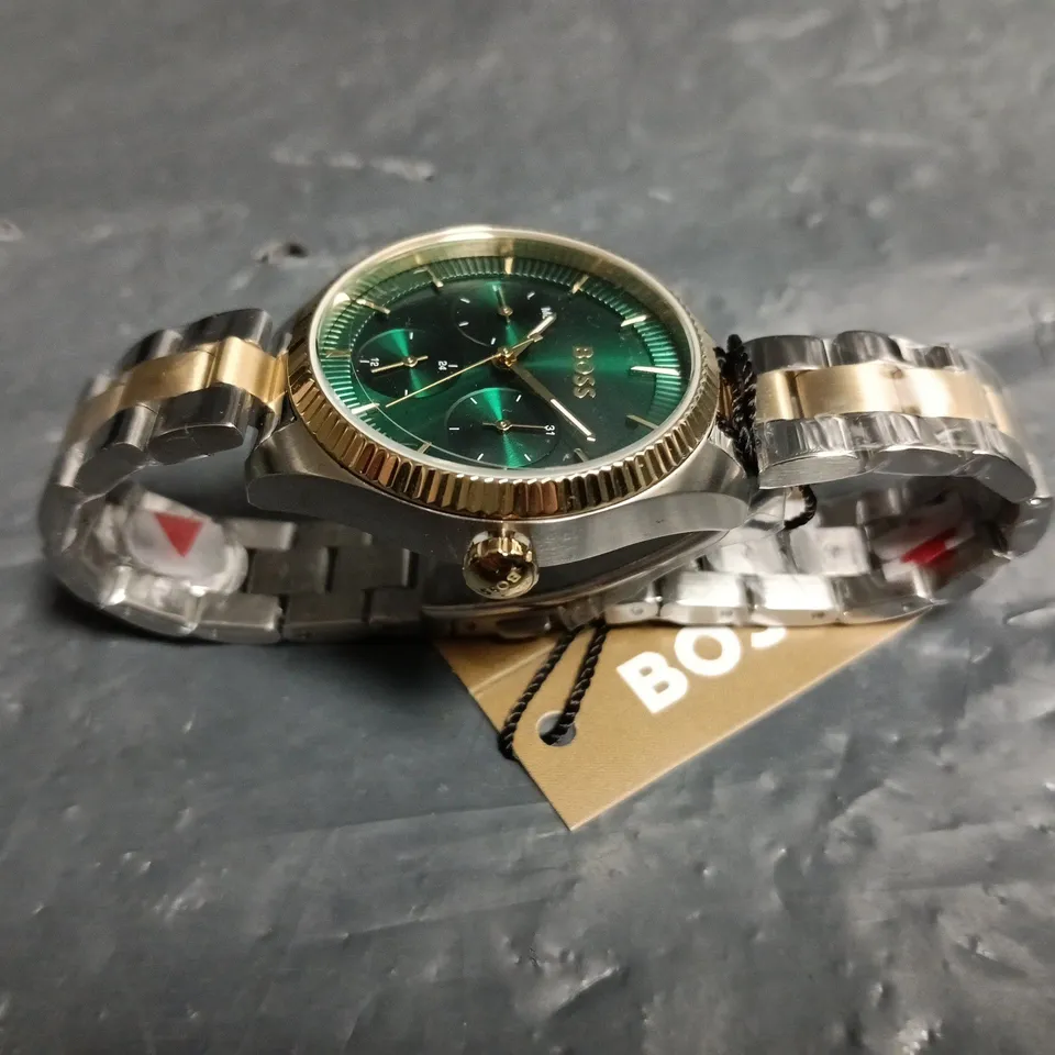 HUGO BOSS WATCH – GREEN DIAL, TWO-TONE STAINLESS STEEL BRACELET, BOXED