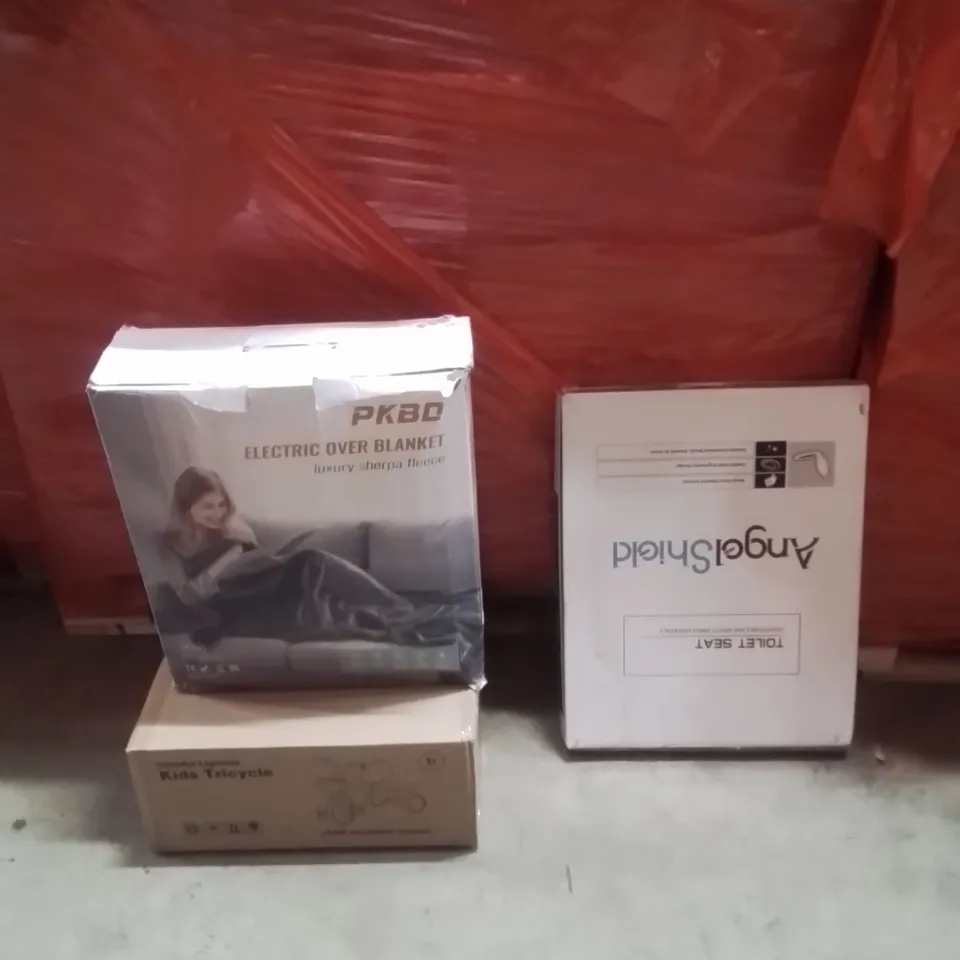 PALLET OF ASSORTED HOUSEHOLD GOODS AND PRODUCTS TO INCLUDE;ELECTRIC BLANKET,TOILET SEAT,KIDS TRICYCLE