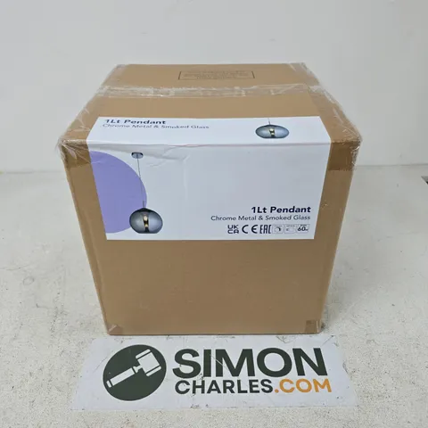 BOXED 1LT PENDANT CHROME METAL & SMOKE GLASS