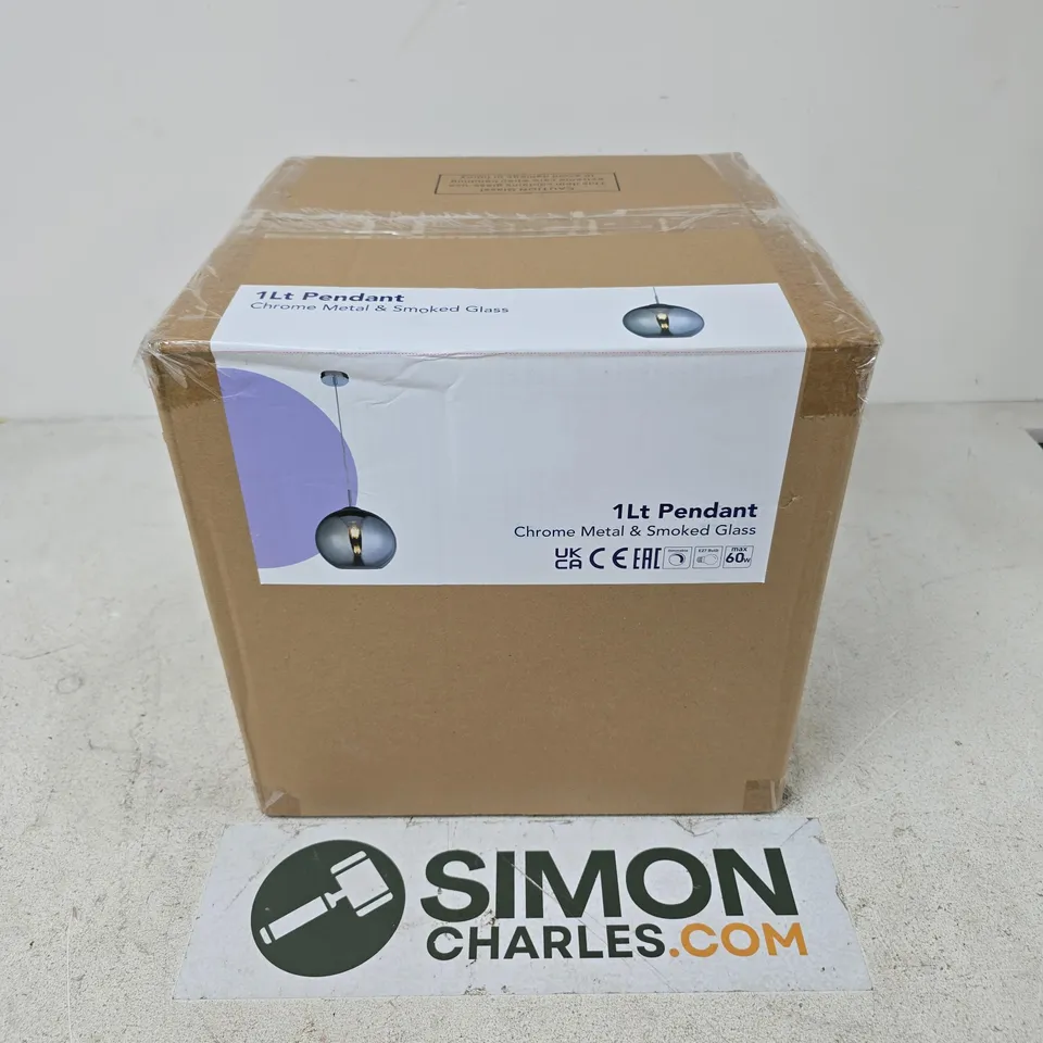 BOXED 1LT PENDANT CHROME METAL & SMOKE GLASS