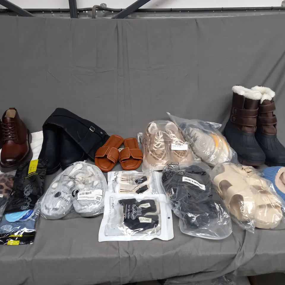 BOX OF ASSORTED UNBOXED SHOES TO INCLUDE TRAINERS, BOOTS, AND SLIPPERS ETC. 